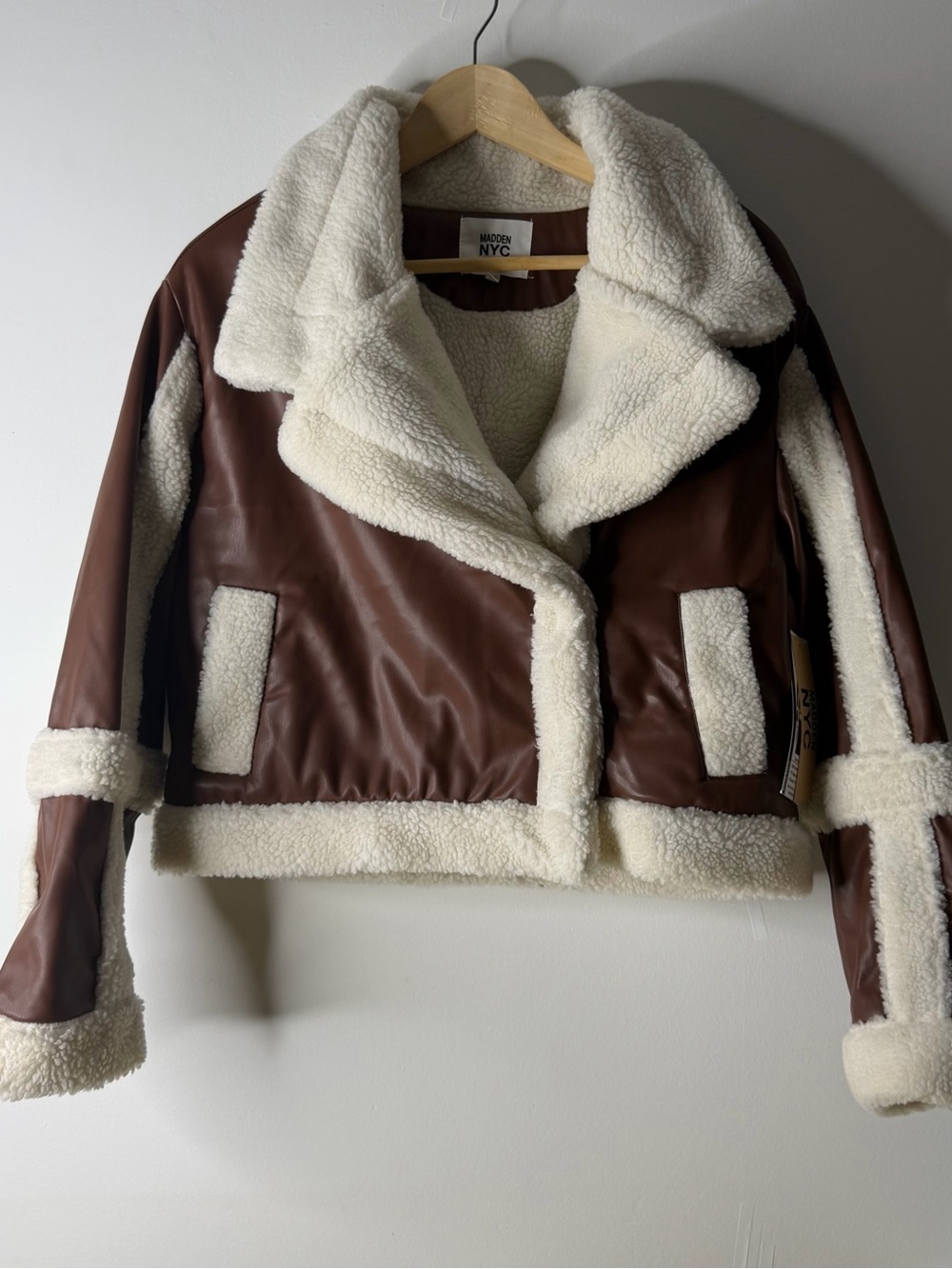 Madison NYC Brown Faux-Leather Bomber Jacket with Ivory Sherpa